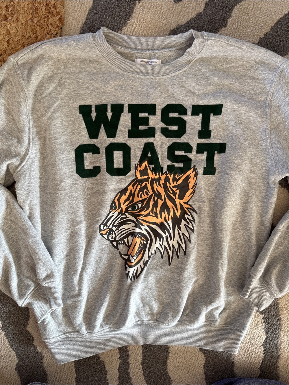 Grayson Threads Grey Crewneck with Green Lettering and Orange Tiger